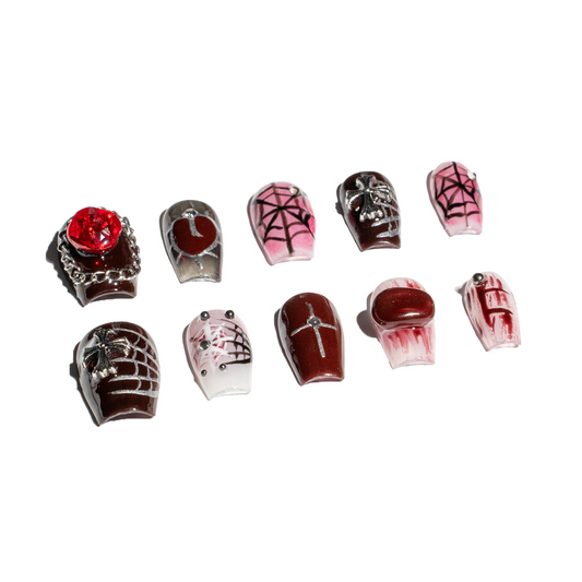 Renovanails Crimson Web Mystique–Red & Black Press-On Nails-1